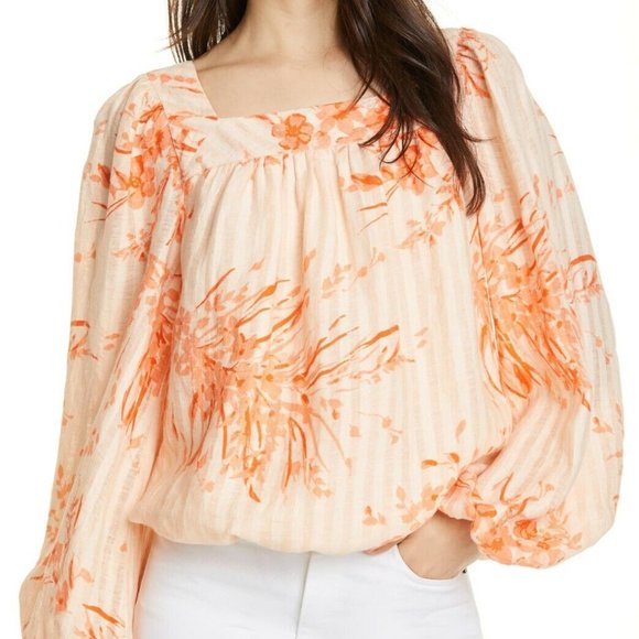 JOIE Cadby LINEN BLOUSE S Floral Island Sunset Square Neck Balloon Sleeves $228 - Picture 8 of 10